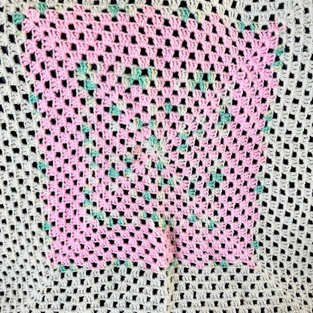 Pink and Cream Crochet Blanket  56”x50”